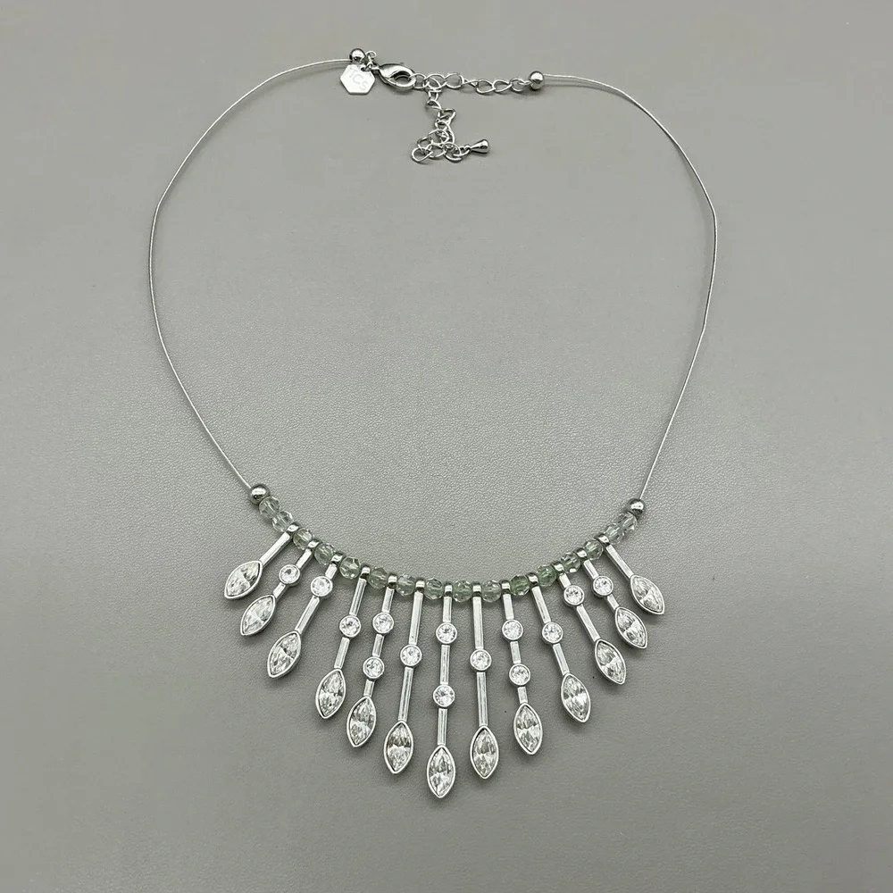 Touchstone Crystal Necklace Silver Tone Clear Crystal Fringe Waterfall Bib TCS